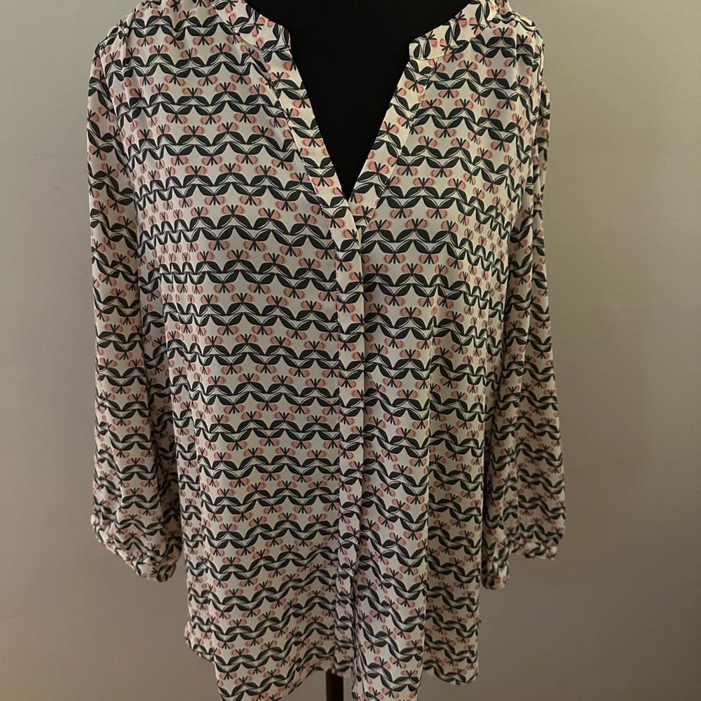 NYDJ Black and White Relaxed Blouse with Mandarin Collar